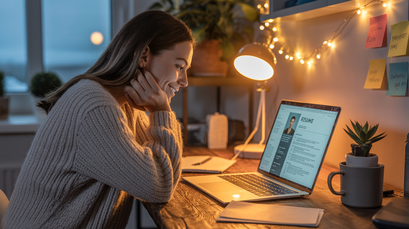 Job seeker reviewing a professionally written resume on a laptop at a desk